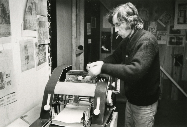 Michael de Courcy, Gerry Gilbert using the Roneo machine at Intermedia, 1968